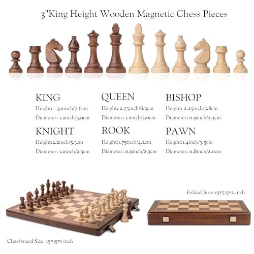 A&A 15" Magnetic Wooden Chess Set, Handmade 3" King Height Knight Staunton Chess Pieces with 2 Extra Queen, Folding Portable Travel Game Set - Image 4