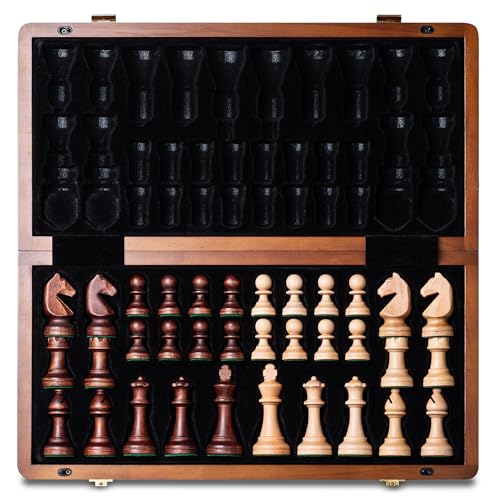 A&A 15" Magnetic Wooden Chess Set, Handmade 3" King Height Knight Staunton Chess Pieces with 2 Extra Queen, Folding Portable Travel Game Set - Image 1