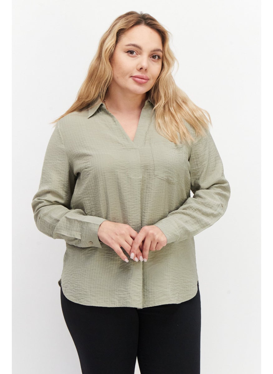 Zero Women Spread Collar Long Sleeve Textured Shirt, Olive  - Image 1