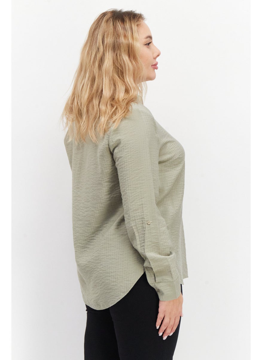 Zero Women Spread Collar Long Sleeve Textured Shirt, Olive  - Image 3