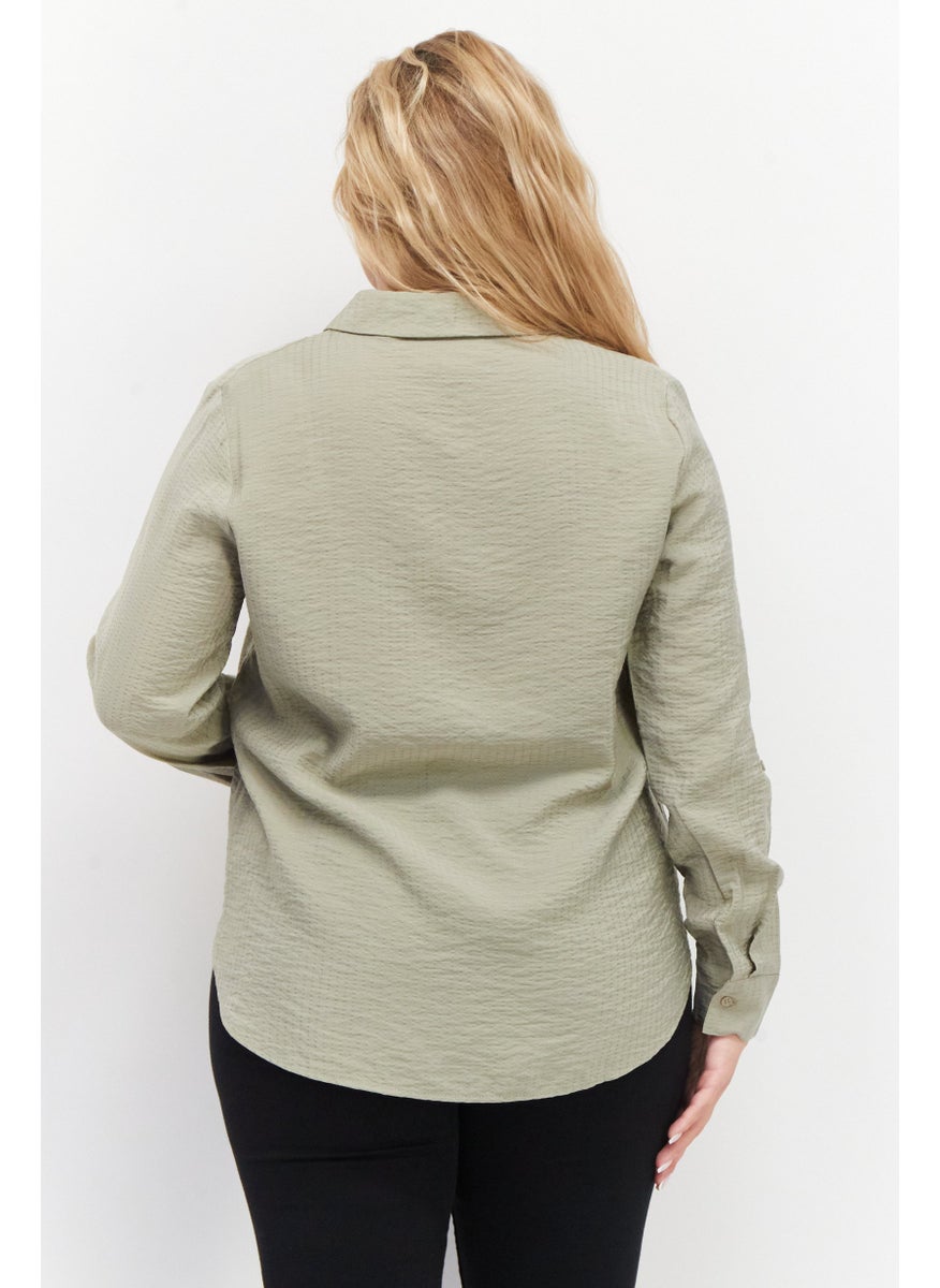 Zero Women Spread Collar Long Sleeve Textured Shirt, Olive  - Image 4