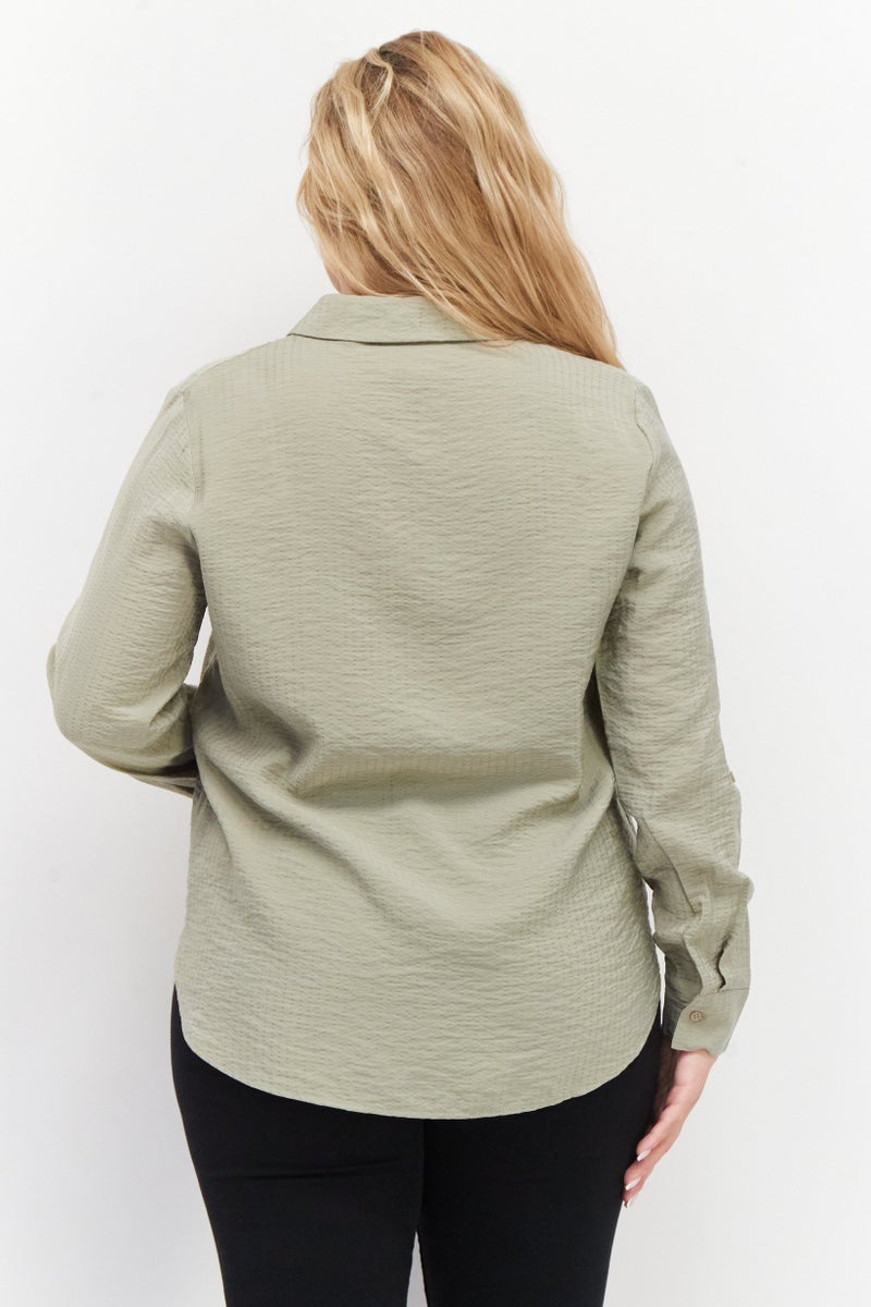 Zero Women Spread Collar Long Sleeve Textured Shirt, Olive - Image 4