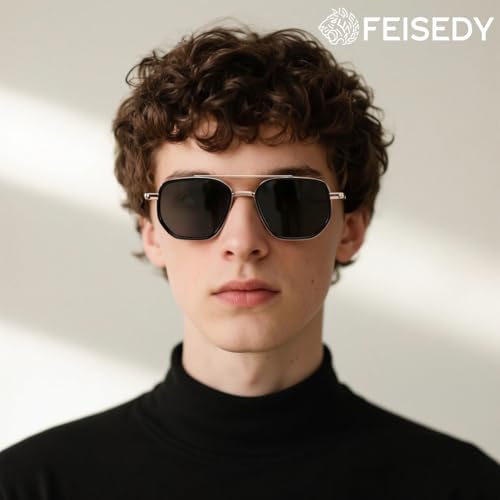 FEISEDY Polarized Aviator Sunglasses for Men Square Retro Metal Frame UV 400 Protection TAC Lens B0329 - Image 3