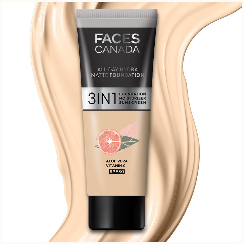 فونداسيون هيدرا مات طوال اليوم مع SPF 30 - عاجي مطلق | فونداسيون 3 في 1 مرطب واقي من الشمس | خالي من الزيوت مع فيتامين C | 0.51 أونصة سائلة/15 مل