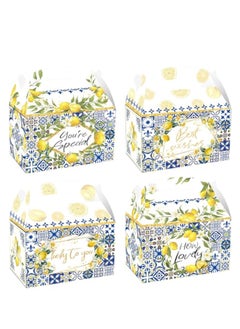 KASTWAVE 24 Pack Capri Lemon Party Cardboard Treat Box, Graduation Candy Boxes, Blue Tile Yellow Lemon Party Favor Boxes, Goody Bags, reat Boxes for Capri Lemon Theme Birthday Bridal Baby Shower Supplies  - Image 1