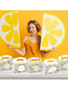 KASTWAVE 24 Pack Capri Lemon Party Cardboard Treat Box, Graduation Candy Boxes, Blue Tile Yellow Lemon Party Favor Boxes, Goody Bags, reat Boxes for Capri Lemon Theme Birthday Bridal Baby Shower Supplies  - Image 2