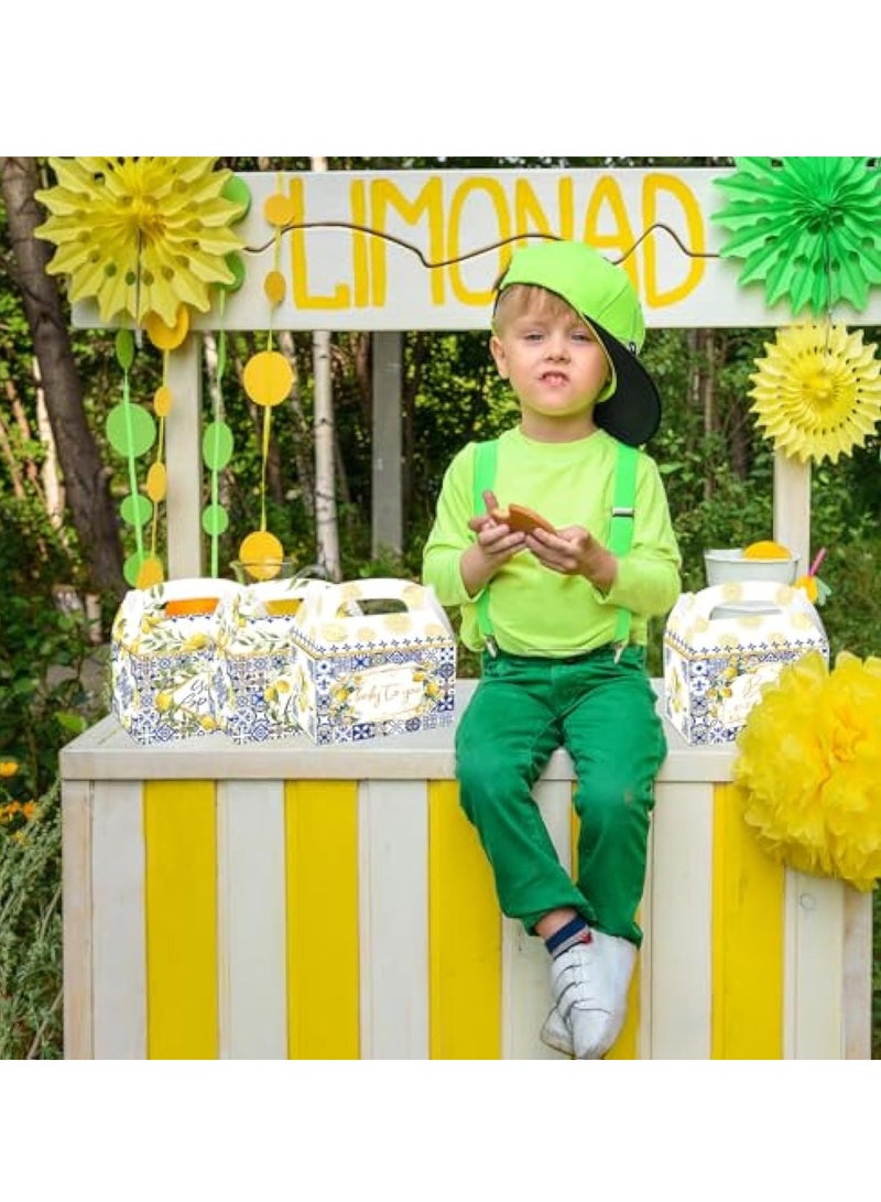 KASTWAVE 24 علبة كابري ليمون لحفل الكرتون، صناديق حلوى التخرج، صناديق تفضيل حفلة مزينة بالبلاط الأزرق والليمون الأصفر، حقائب هدايا، صناديق علاج لمستلزمات موضوع كابري ليمون لعيد ميلاد الزفاف أو حفلة البيبي - Image 3