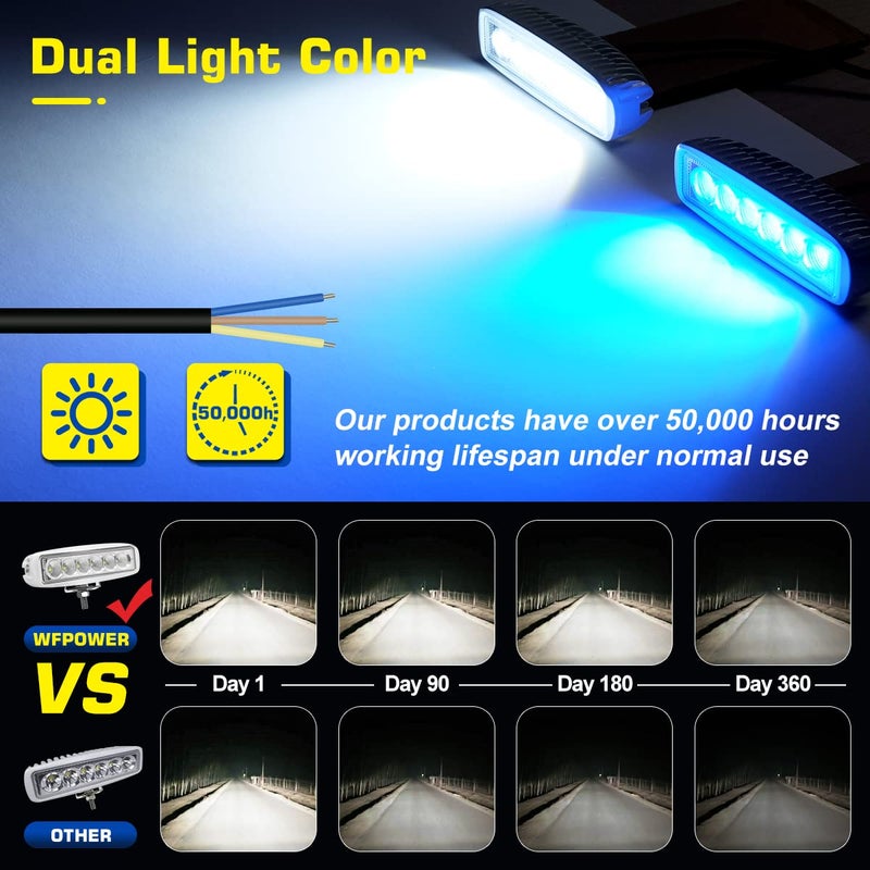 WFPOWER Boat Light 2 Pack, Blue and White Color 2 Mode LED Marine Spotlights Waterproof, 6 inch Deck Dock Flood Light for Boat Accessories Pontoon Fishing Truck SUV ATV 12V White - Image 2