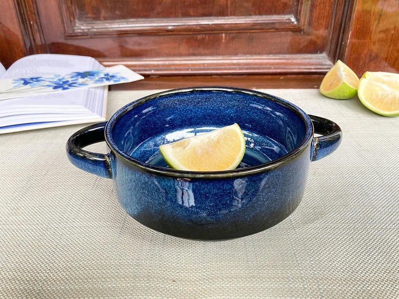 Lemon Tree Ceramic Stoneware Double Handle Small Serving Bowl Bowl for Serving Starters and Snacks Microwave and Dishwasher Safe Bowl 500ML Set of 1 Blue - Image 1