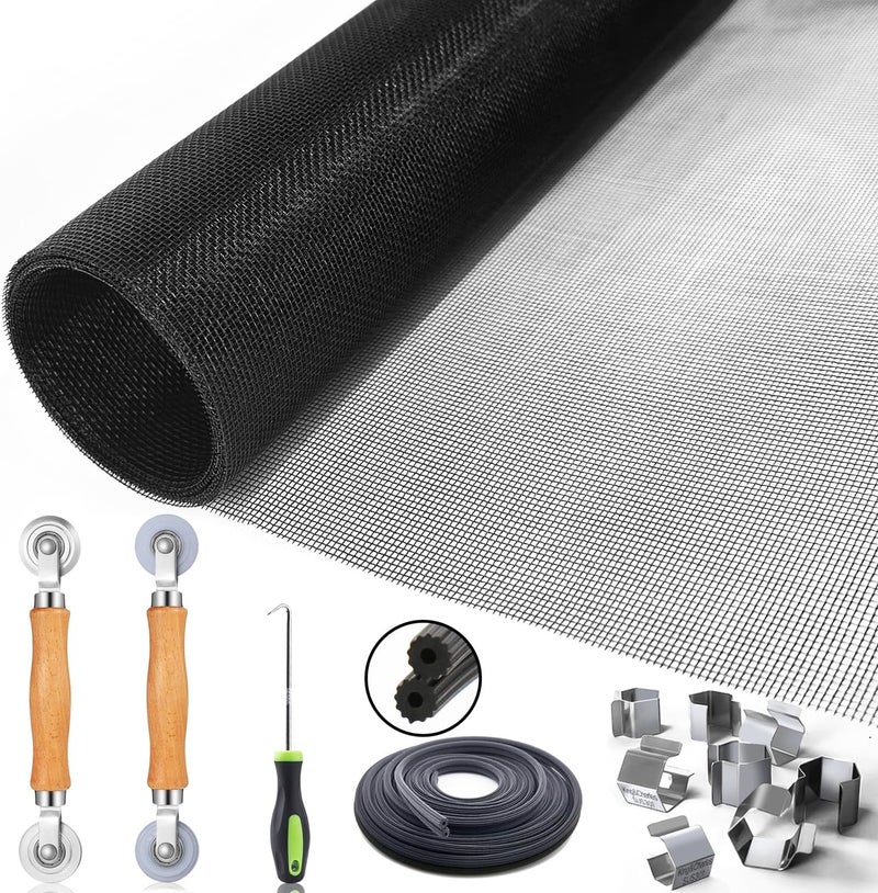 King&Charles Window Screen Door Repair/Replacement Kit, Include Black Screen Mesh 48"x118"+ 2 Roller+50Ft Spline+8Clips+Hook, 6 in 1 Window Mesh Kit, Steel/Nylon Bearing Roller - Image 1