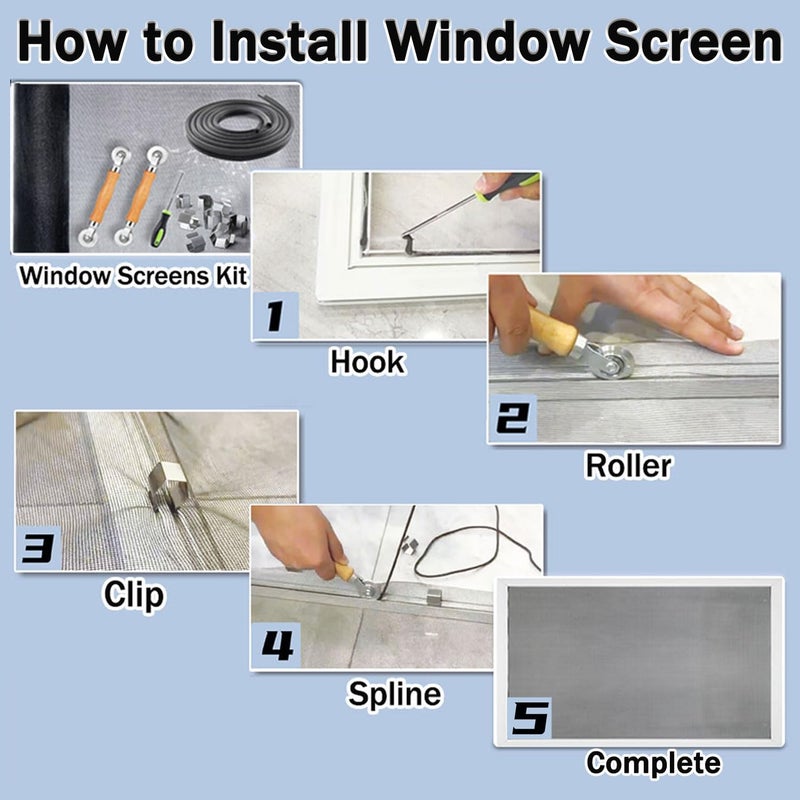 King&Charles Window Screen Door Repair/Replacement Kit, Include Black Screen Mesh 48"x118"+ 2 Roller+50Ft Spline+8Clips+Hook, 6 in 1 Window Mesh Kit, Steel/Nylon Bearing Roller - Image 3
