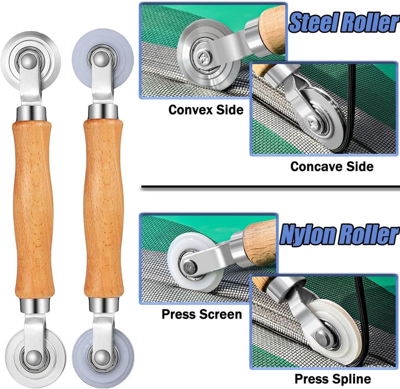 King&Charles Window Screen Door Repair/Replacement Kit, Include Black Screen Mesh 48"x118"+ 2 Roller+50Ft Spline+8Clips+Hook, 6 in 1 Window Mesh Kit, Steel/Nylon Bearing Roller - Image 4