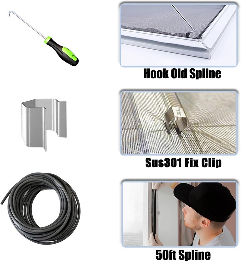 King&Charles Window Screen Door Repair/Replacement Kit, Include Black Screen Mesh 48"x118"+ 2 Roller+50Ft Spline+8Clips+Hook, 6 in 1 Window Mesh Kit, Steel/Nylon Bearing Roller - Image 5
