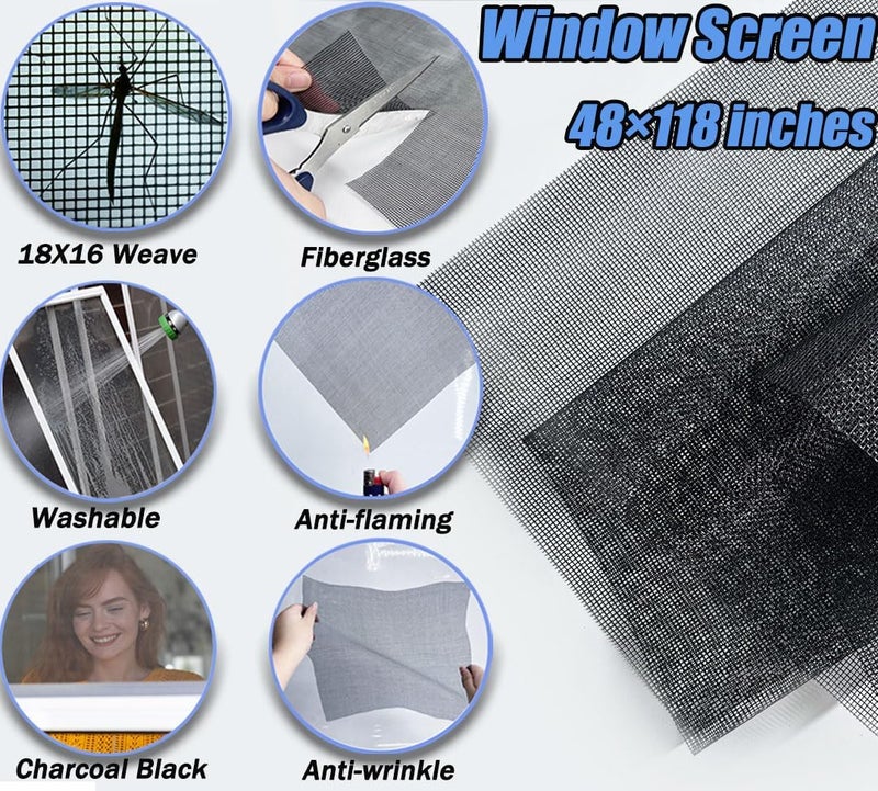 King&Charles Window Screen Door Repair/Replacement Kit, Include Black Screen Mesh 48"x118"+ 2 Roller+50Ft Spline+8Clips+Hook, 6 in 1 Window Mesh Kit, Steel/Nylon Bearing Roller - Image 2