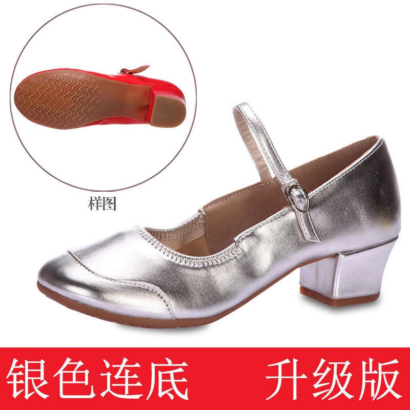Generic Summer Square Dancing Shoes Womens Leather Mid-Heel Adult Social Dancing Shoes Middle-Aged Oxford Soft Sole Modern Dancing Shoes Silver even bottom [shoe size is small]]