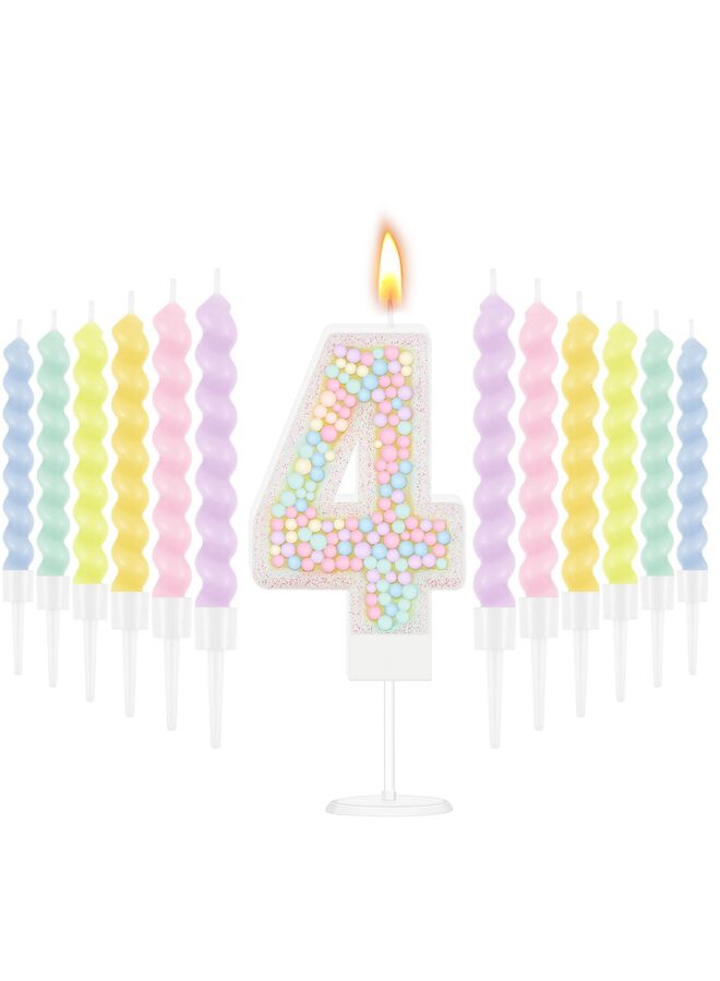 LAMAY Number 4 Birthday Candle with 12 Pcs Spiral Candles for Girls Macaron Pastel Rainbow Unicorn Pink Cake Topper for Sweet Theme Party Decoration - Image 1