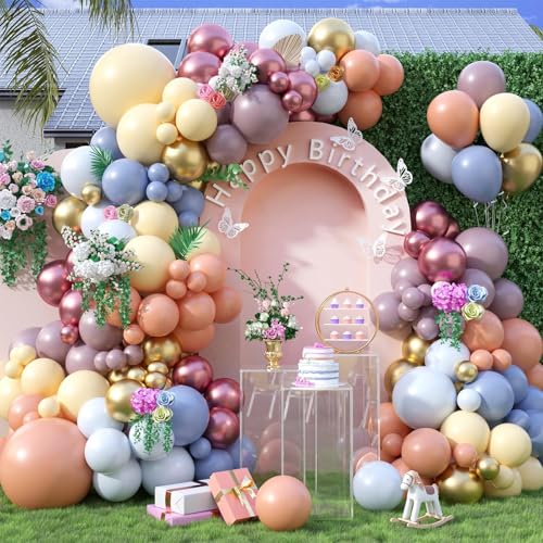 Sowide Pastel Balloon Arch Kit122Pcs Pink Blue Yellow Purple Metallic Gold Macaron Yellow Colorful Balloons for Boho Bridal Wedding Birthday Baby Shower Engagement Anniversary Graduation Party Decorations - Image 1