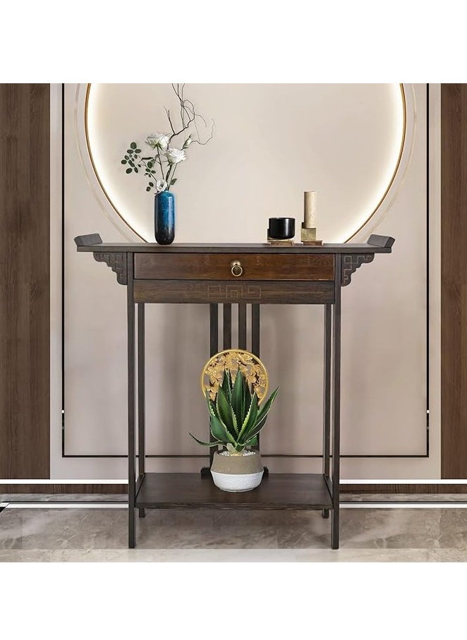 Generic Narrow Wooden Console Table with Drawer 82 x 32 x 82 cm Chinese Japanese Style for Hallway Living Room Entrance  - Image 2