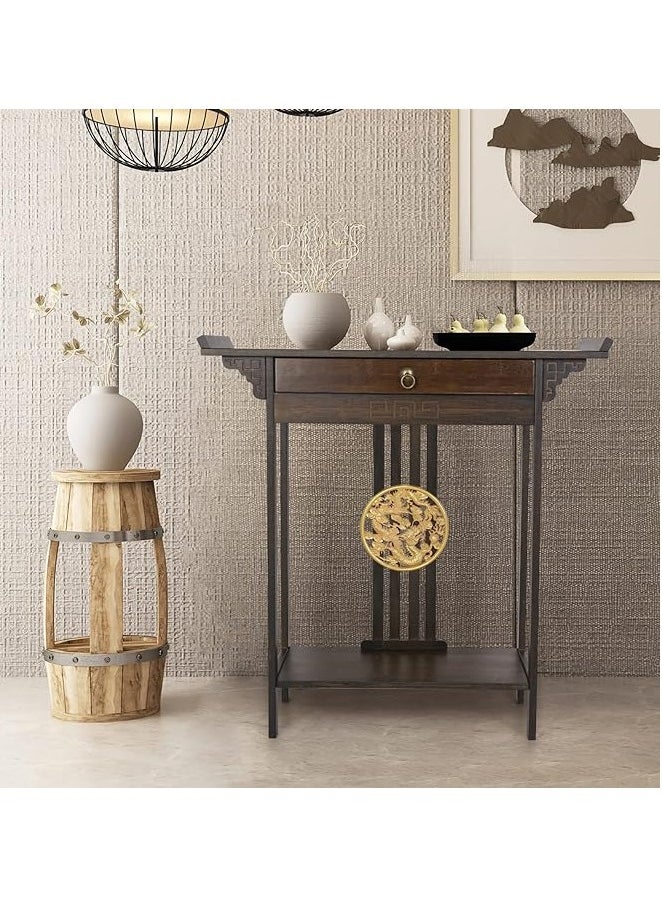 Generic Narrow Wooden Console Table with Drawer 82 x 32 x 82 cm Chinese Japanese Style for Hallway Living Room Entrance  - Image 4