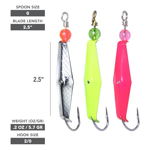 Clarkspoon Size 0, Three Pack Trolling Spoons: Chrome Hammered Scale Finish, Chartreuse, Pink - Image 5