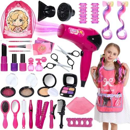 Mastom Hair Salon Toys for Girls 36PCS Kids Pretend Play Makeup Sets Dress Up Beauty Hair Stylist Toy Kit with Barber Apron Hair Dryer Curling Iron Mirror Scissors and Styling Accessories - Image 1