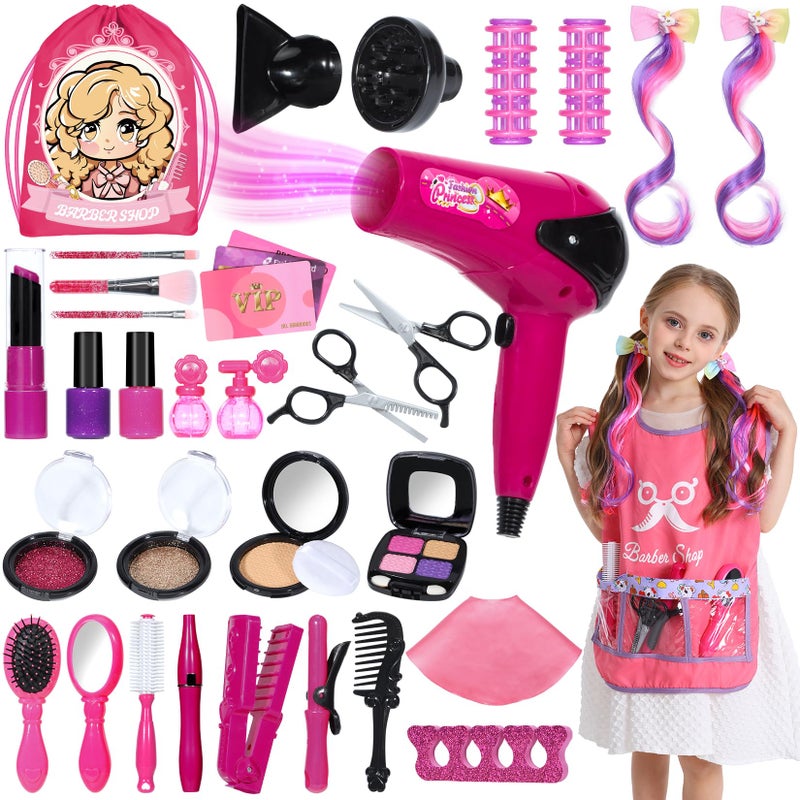 Mastom Hair Salon Toys for Girls 36PCS Kids Pretend Play Makeup Sets Dress Up Beauty Hair Stylist Toy Kit with Barber Apron Hair Dryer Curling Iron Mirror Scissors and Styling Accessories - Image 2