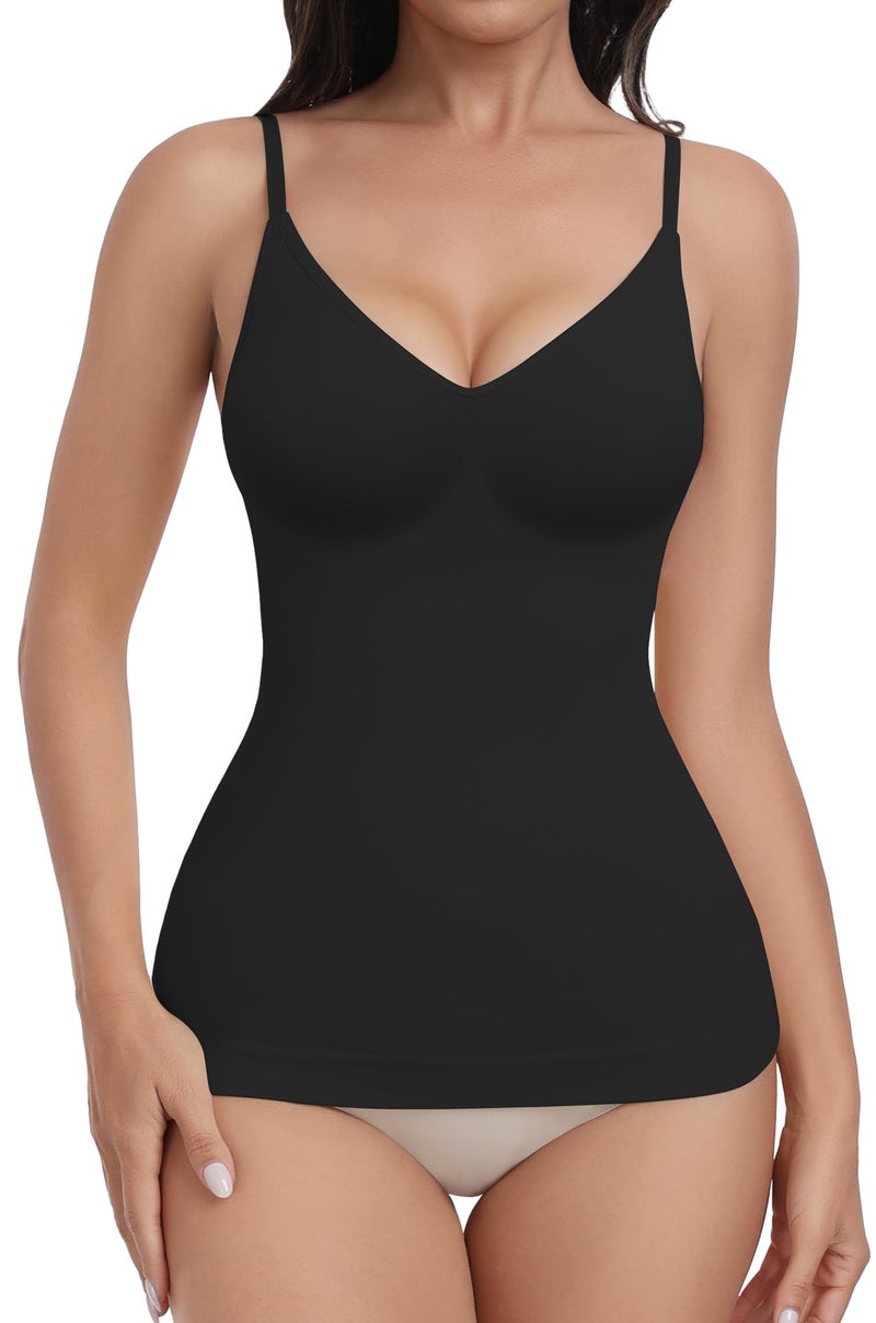 EUYZOU Womens Tummy Control Shapewear Tank Tops Seamless V-Neck Compression Tank Tops Body Shaper Camisole, Black L - Image 1