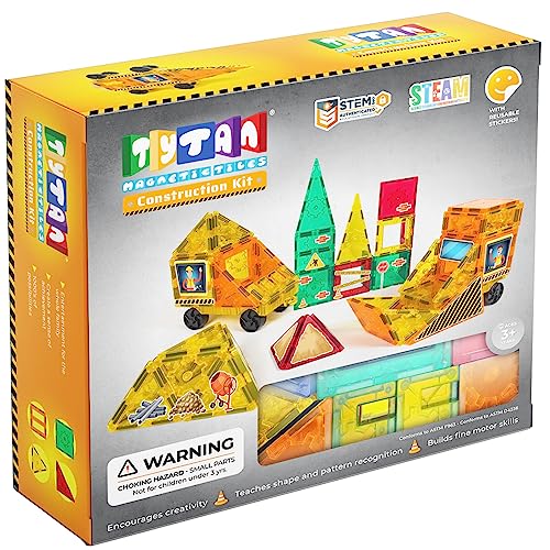 Tytan Tiles Construction Site Trucks 60Piece Magnetic Tiles Building Set Fun Kids STEM Toy Creative Play Shape Pattern Recognition Fine Motor Skills Includes Storage Bag Ages 3 and Up - Image 1