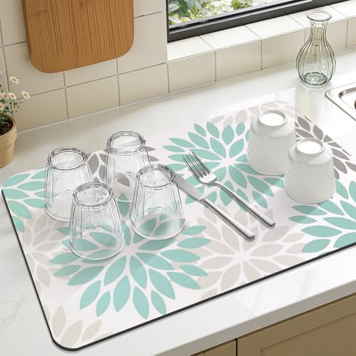 Findosom Floral Dish Drying Mat, 12" x 20" Super Absorbent & Hide Stain Coffee Mat, Cuttable Drying Mat for Kitchen Counter, Under Dish Rack, Coffee Maker, Espresso Machine, Teal - Image 5