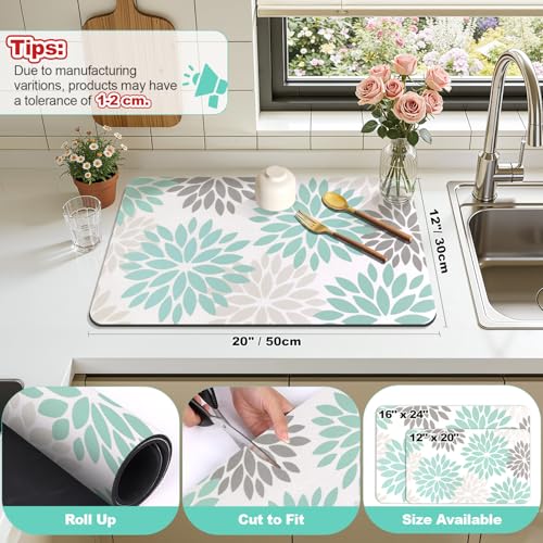 Findosom Floral Dish Drying Mat, 12" x 20" Super Absorbent & Hide Stain Coffee Mat, Cuttable Drying Mat for Kitchen Counter, Under Dish Rack, Coffee Maker, Espresso Machine, Teal - Image 2