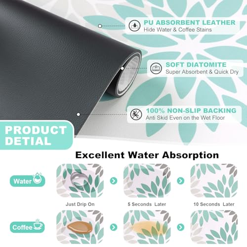 Findosom Floral Dish Drying Mat, 12" x 20" Super Absorbent & Hide Stain Coffee Mat, Cuttable Drying Mat for Kitchen Counter, Under Dish Rack, Coffee Maker, Espresso Machine, Teal - Image 3