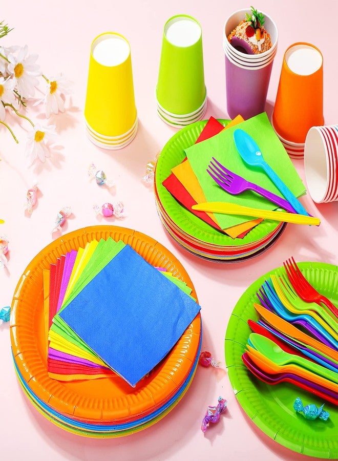 Jinei 168 Pcs Disposable Rainbow Party Supplies Set 7 Inch 9 Inch Colorful Paper Plates Napkins Cups Plastic Tableware Forks Spoons Knives for 24 Guests for Rainbow Theme Birthday Party Wedding - Image 3