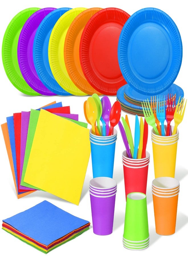 Jinei 168 Pcs Disposable Rainbow Party Supplies Set 7 Inch 9 Inch Colorful Paper Plates Napkins Cups Plastic Tableware Forks Spoons Knives for 24 Guests for Rainbow Theme Birthday Party Wedding - Image 1