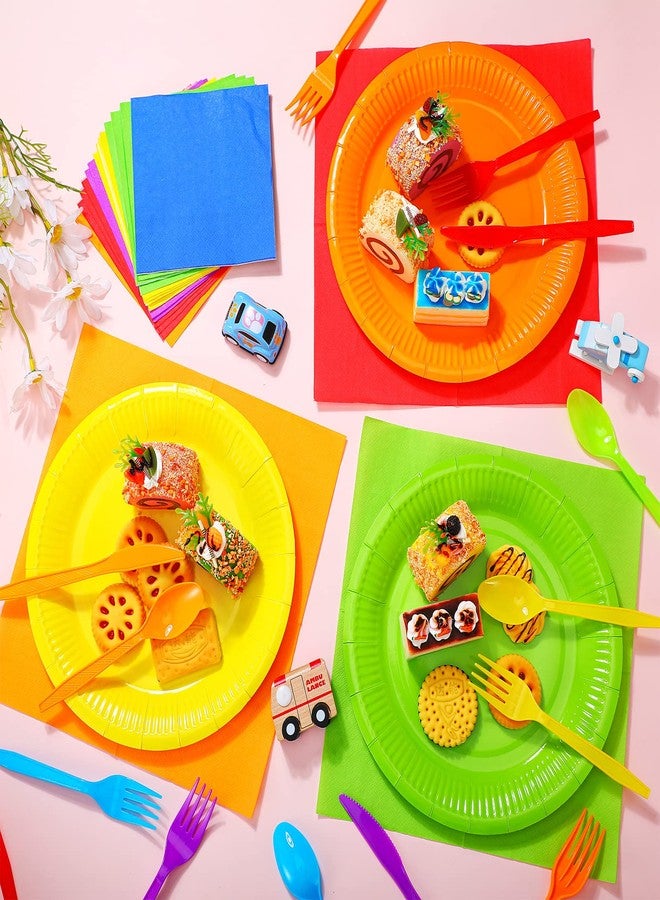 Jinei 168 Pcs Disposable Rainbow Party Supplies Set 7 Inch 9 Inch Colorful Paper Plates Napkins Cups Plastic Tableware Forks Spoons Knives for 24 Guests for Rainbow Theme Birthday Party Wedding - Image 5