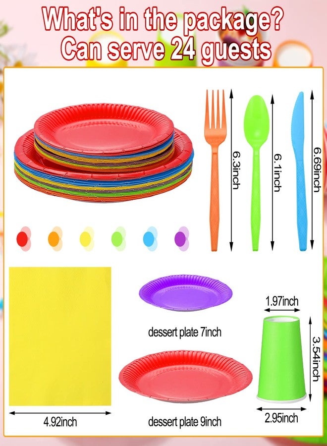 Jinei 168 Pcs Disposable Rainbow Party Supplies Set 7 Inch 9 Inch Colorful Paper Plates Napkins Cups Plastic Tableware Forks Spoons Knives for 24 Guests for Rainbow Theme Birthday Party Wedding - Image 2