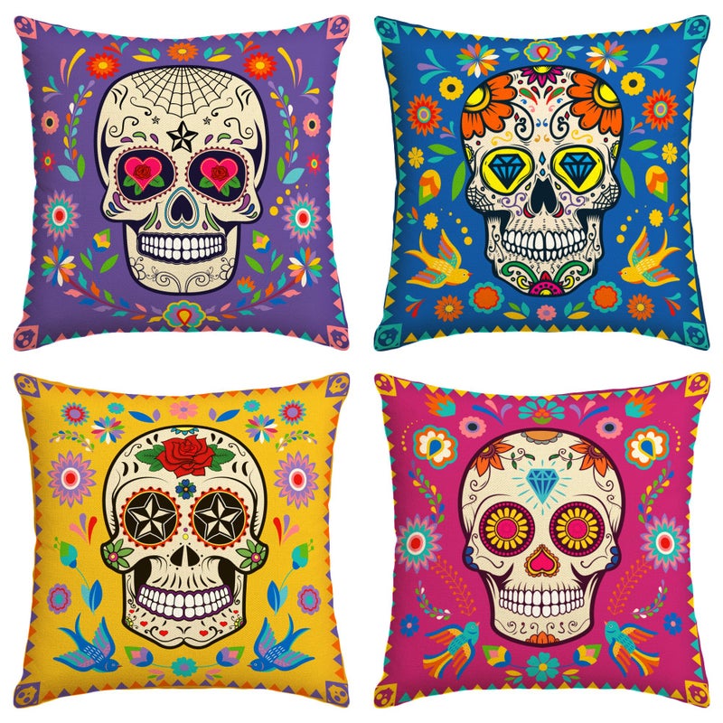 Day of The Dead Pillow Covers Dia De Los Muertos Throw Pillow Case Mexican Sugar Skull Marigolds Floral Decor Day of The Dead Decorations for Home Party