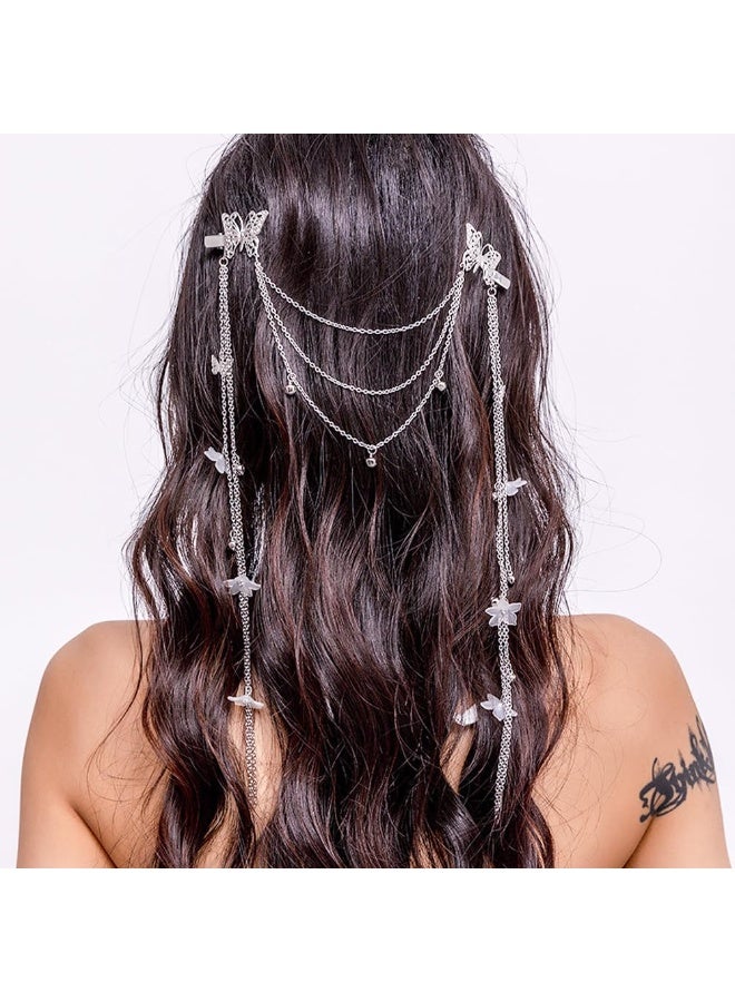 طوق رأس فضي مزين بفراشة وزهرة، قطعة واحدة، بتصميم بوهيمي، مزين بشرابة، مناسب للنساء، مع أقراط صناعية مرصعة بأحجار الراين اللامعة، إكسسوارات شعر للنساء والفتيات. - Image 4