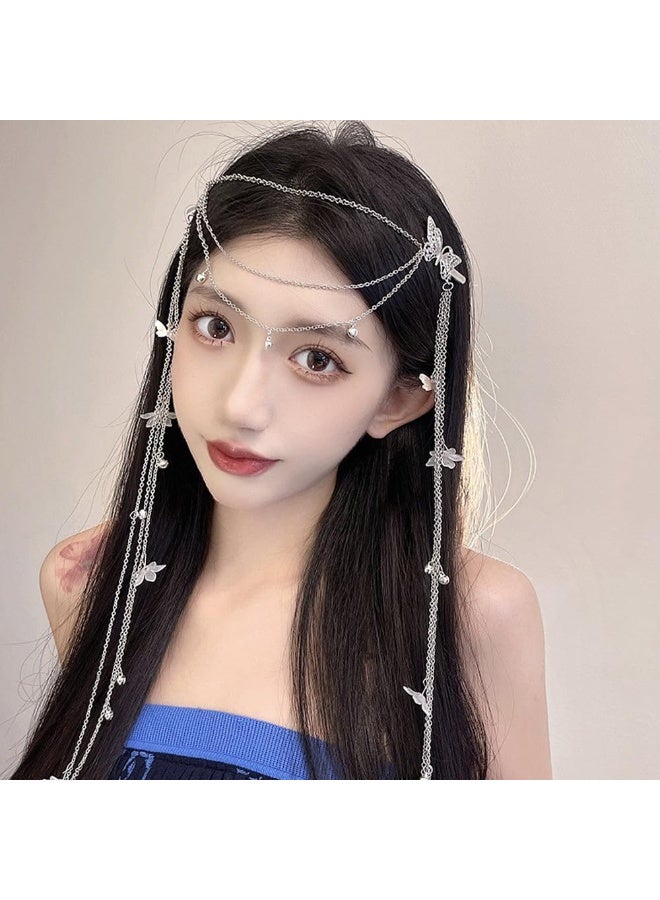 طوق رأس فضي مزين بفراشة وزهرة، قطعة واحدة، بتصميم بوهيمي، مزين بشرابة، مناسب للنساء، مع أقراط صناعية مرصعة بأحجار الراين اللامعة، إكسسوارات شعر للنساء والفتيات. - Image 3