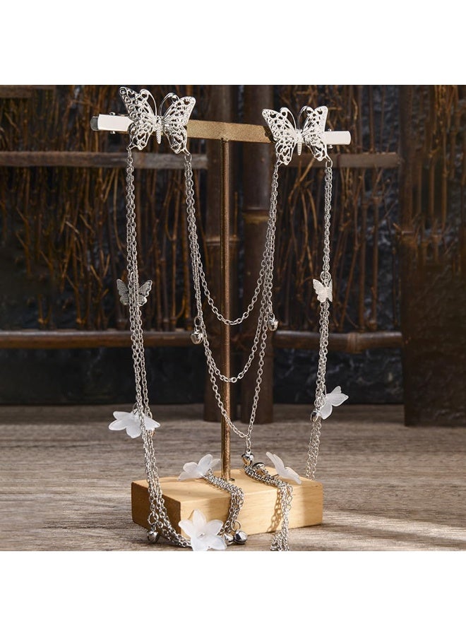 طوق رأس فضي مزين بفراشة وزهرة، قطعة واحدة، بتصميم بوهيمي، مزين بشرابة، مناسب للنساء، مع أقراط صناعية مرصعة بأحجار الراين اللامعة، إكسسوارات شعر للنساء والفتيات. - Image 5