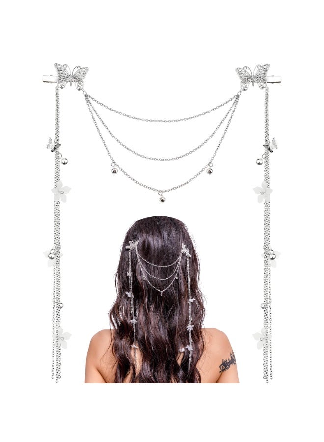 طوق رأس فضي مزين بفراشة وزهرة، قطعة واحدة، بتصميم بوهيمي، مزين بشرابة، مناسب للنساء، مع أقراط صناعية مرصعة بأحجار الراين اللامعة، إكسسوارات شعر للنساء والفتيات. - Image 1