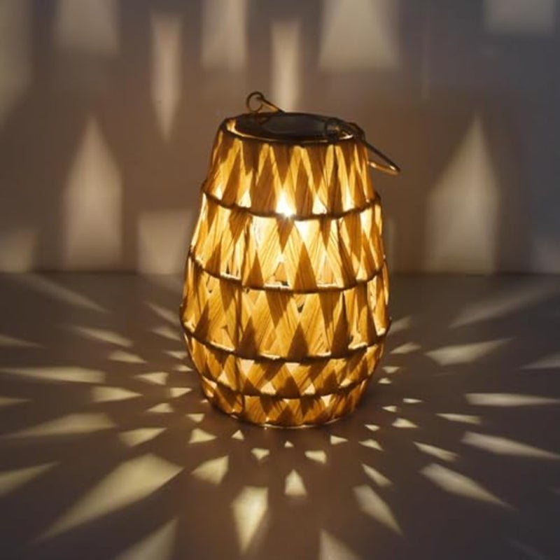 Outdoor Solar Lantern, LED Waterproof Rattan Lamp with Twine Handle, Handmade Bamboo Solar Light for Diwali, Ramadan, Garden, Yard, Patio, Tree, Pathway, and Home Decoration, Wooden Color - Image 1