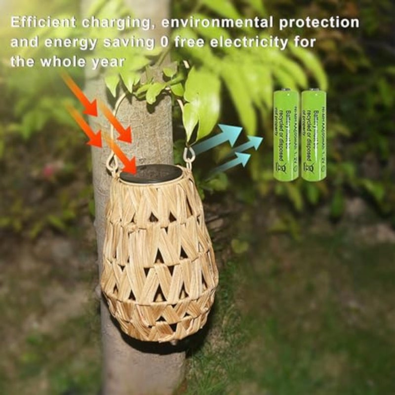 Outdoor Solar Lantern, LED Waterproof Rattan Lamp with Twine Handle, Handmade Bamboo Solar Light for Diwali, Ramadan, Garden, Yard, Patio, Tree, Pathway, and Home Decoration, Wooden Color - Image 3