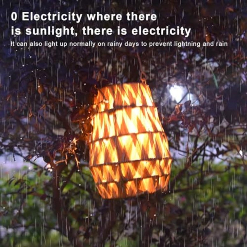 Outdoor Solar Lantern, LED Waterproof Rattan Lamp with Twine Handle, Handmade Bamboo Solar Light for Diwali, Ramadan, Garden, Yard, Patio, Tree, Pathway, and Home Decoration, Wooden Color - Image 2