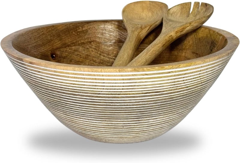 Perilla Home Wooden salad bowl  12 inch x 5 inch  Handmade White Stripe Salad Bowl - Image 1