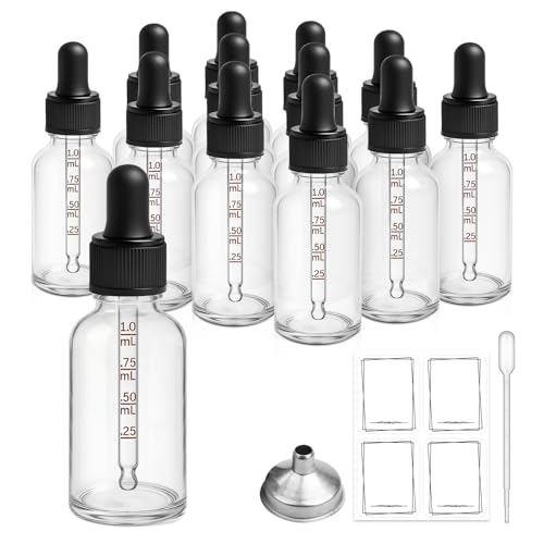 Bumobum 12 Pack, 1 oz Tincture Bottles with Dropper, Clear Glass Dropper Bottle with Stainless Steel Funnel, Pipettes & Labels, 30 ml Eye Dropper Bottles leakrproof For Essential Oils Serums Hair Body Oils - Image 1