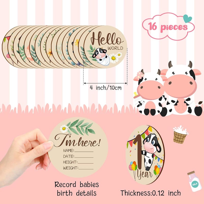 Al Raied ARS® 16 Pieces Wooden Baby Monthly Milestone Cards - Double Sided Milestone Marker Discs for Newborn Photo Props - Image 2