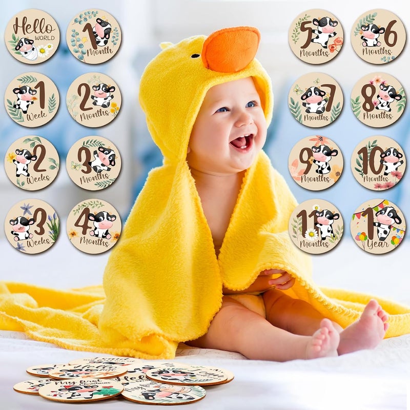 Al Raied ARS® 16 Pieces Wooden Baby Monthly Milestone Cards - Double Sided Milestone Marker Discs for Newborn Photo Props - Image 5