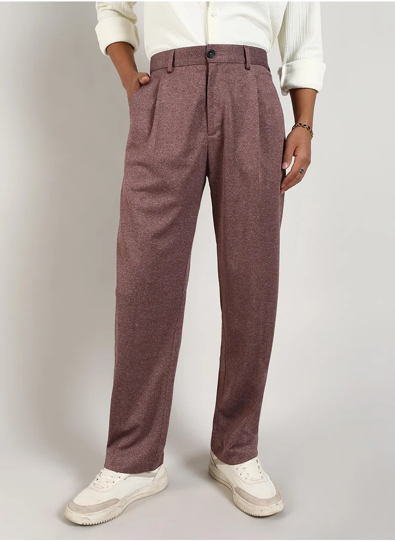كامبوس سوترا Campus Sutra Men's Chocolate Brown Tailored Heathered Trousers For Casual Wear | Tailored-Fit | Mid-Rise | Button Closure | Trousers Crafted With Comfort Fit For Everyday Wear