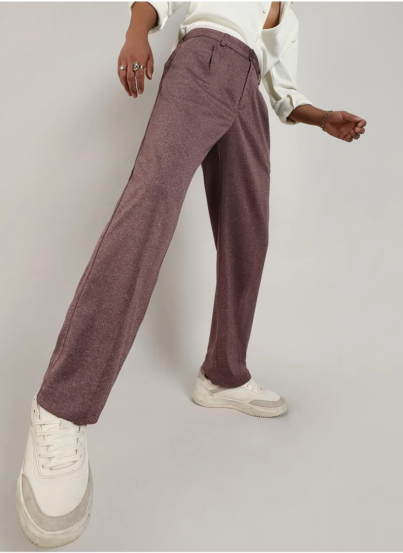 كامبوس سوترا Campus Sutra Men's Chocolate Brown Tailored Heathered Trousers For Casual Wear | Tailored-Fit | Mid-Rise | Button Closure | Trousers Crafted With Comfort Fit For Everyday Wear