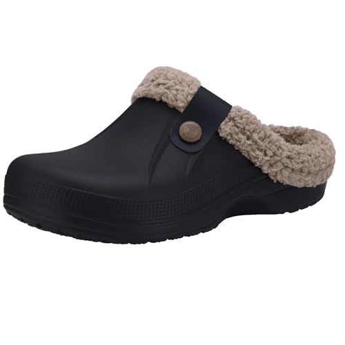 Beslip Classic Fur Lined Clogs Waterproof Winter Fuzzy Slippers for Women Men Indoor and Outdoor Indoor and Outdoor, Black and Khaki Women Size 7.5-8.5 - Image 1